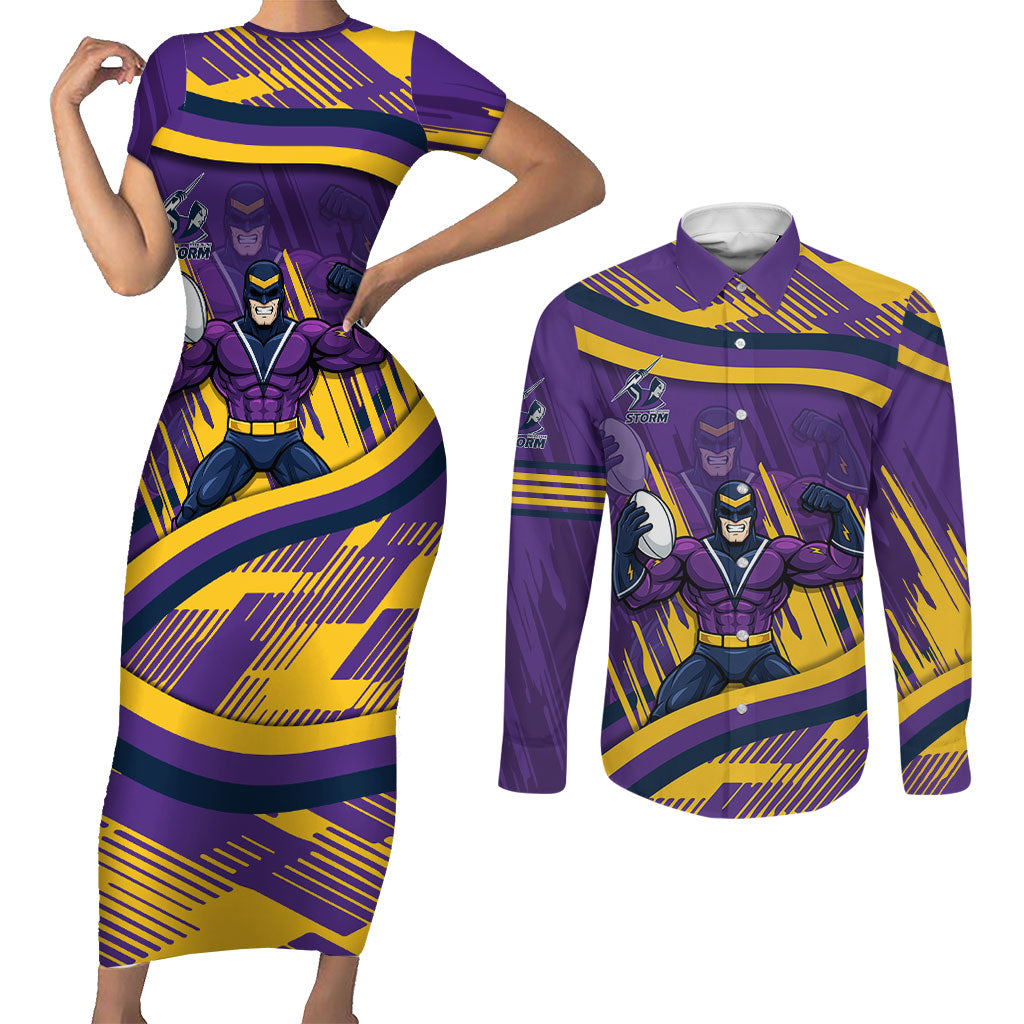 Melbourne Storm Rugby Mascot Couples Matching Short Sleeve Bodycon Dress and Long Sleeve Button Shirt Fierce Athlete Graphic in Sports Style