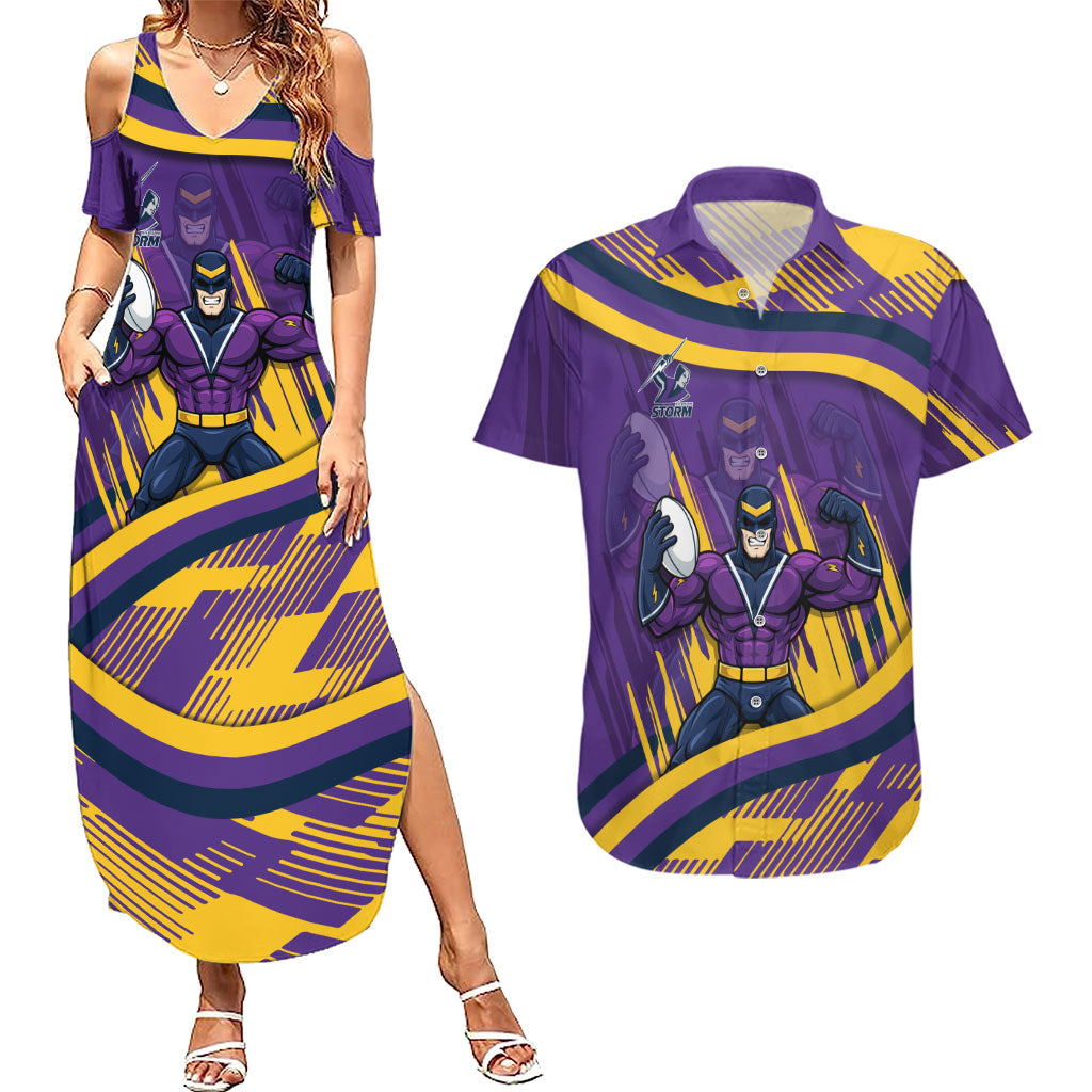 Melbourne Storm Rugby Mascot Couples Matching Summer Maxi Dress and Hawaiian Shirt Fierce Athlete Graphic in Sports Style