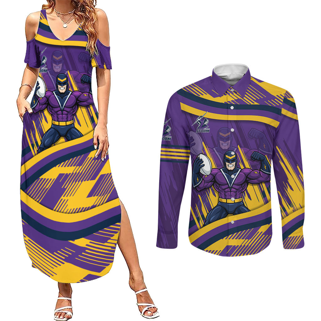 Melbourne Storm Rugby Mascot Couples Matching Summer Maxi Dress and Long Sleeve Button Shirt Fierce Athlete Graphic in Sports Style