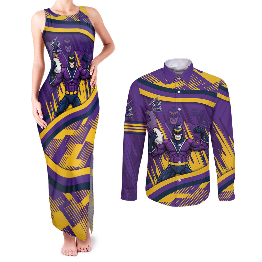 Melbourne Storm Rugby Mascot Couples Matching Tank Maxi Dress and Long Sleeve Button Shirt Fierce Athlete Graphic in Sports Style