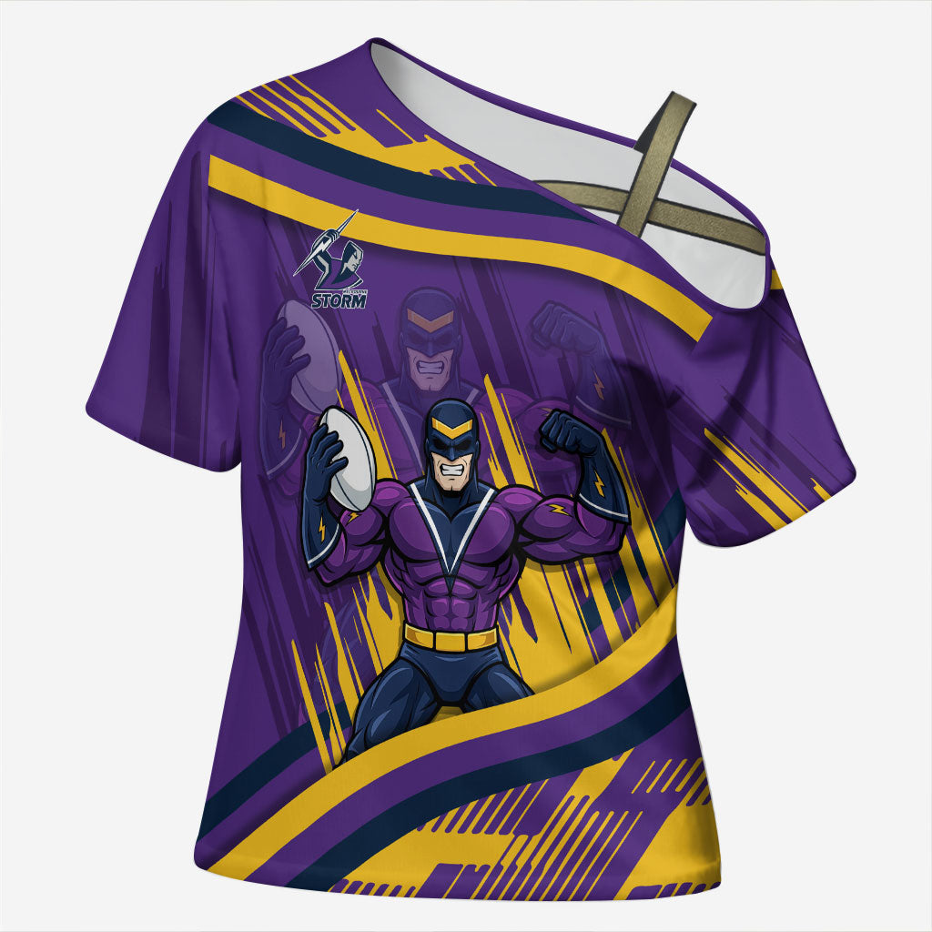 Melbourne Storm Rugby Mascot Cross Shoulder Shirt Fierce Athlete Graphic in Sports Style