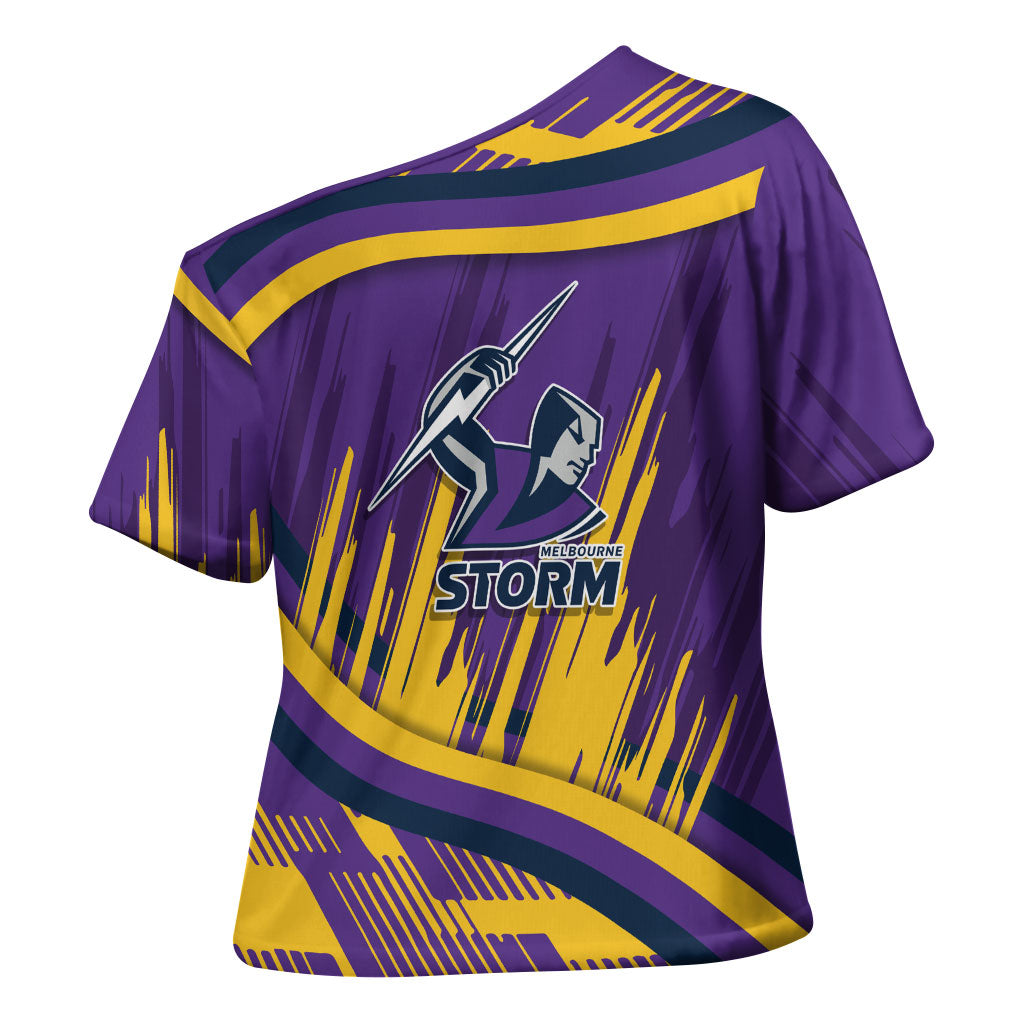 Melbourne Storm Rugby Mascot Cross Shoulder Shirt Fierce Athlete Graphic in Sports Style