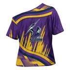 Melbourne Storm Rugby Mascot Cross Shoulder Shirt Fierce Athlete Graphic in Sports Style