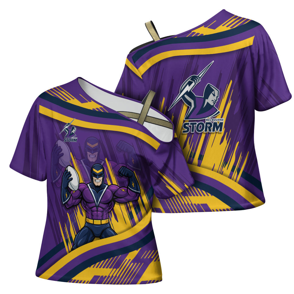 Melbourne Storm Rugby Mascot Cross Shoulder Shirt Fierce Athlete Graphic in Sports Style