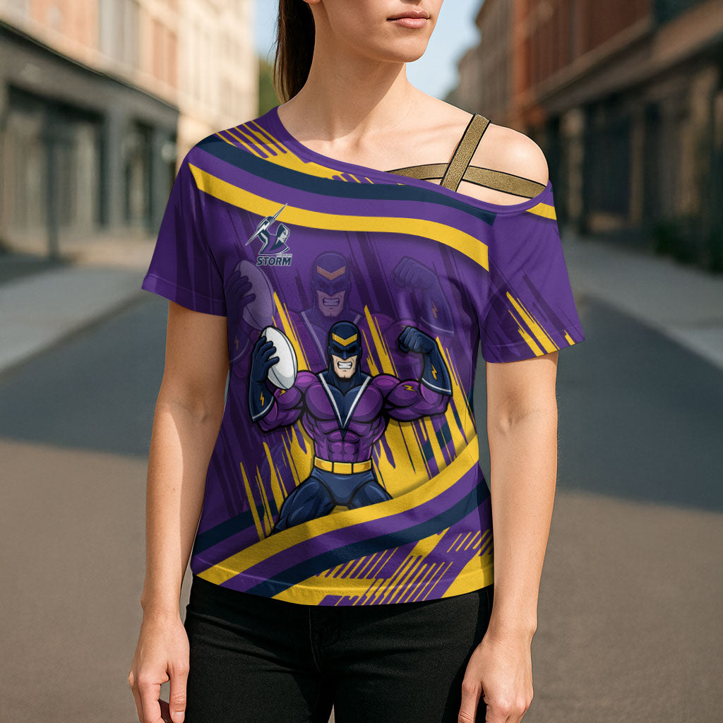 Melbourne Storm Rugby Mascot Cross Shoulder Shirt Fierce Athlete Graphic in Sports Style