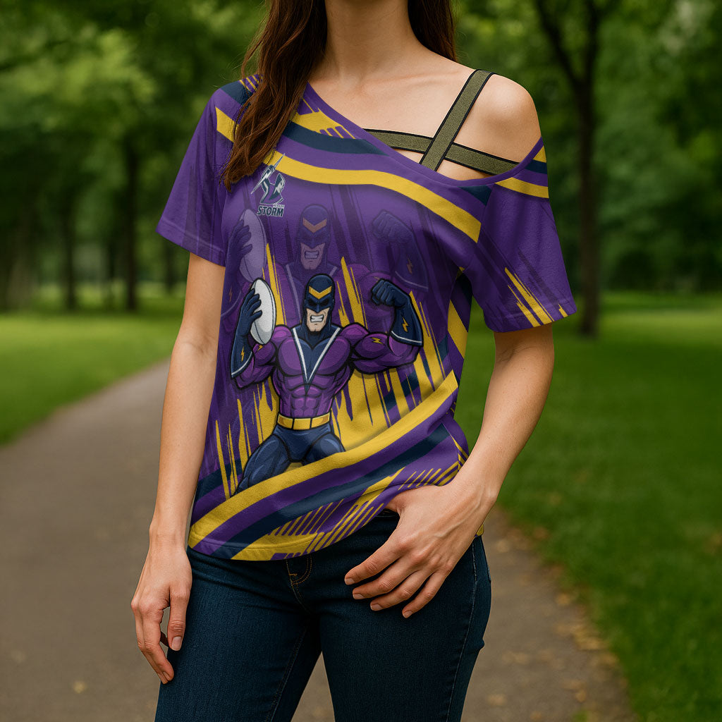 Melbourne Storm Rugby Mascot Cross Shoulder Shirt Fierce Athlete Graphic in Sports Style