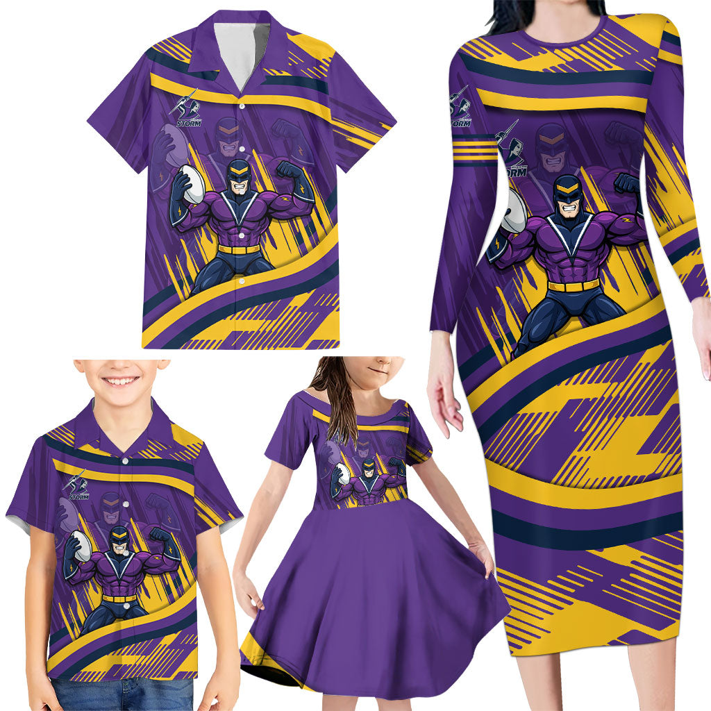 Melbourne Storm Rugby Mascot Family Matching Long Sleeve Bodycon Dress and Hawaiian Shirt Fierce Athlete Graphic in Sports Style