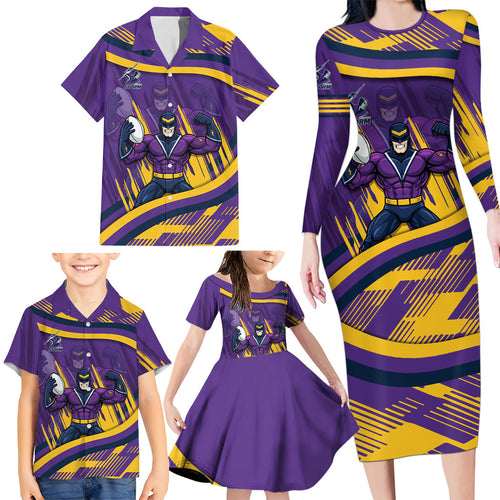 Melbourne Storm Rugby Mascot Family Matching Long Sleeve Bodycon Dress and Hawaiian Shirt Fierce Athlete Graphic in Sports Style