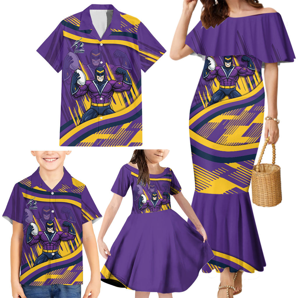 Melbourne Storm Rugby Mascot Family Matching Mermaid Dress and Hawaiian Shirt Fierce Athlete Graphic in Sports Style