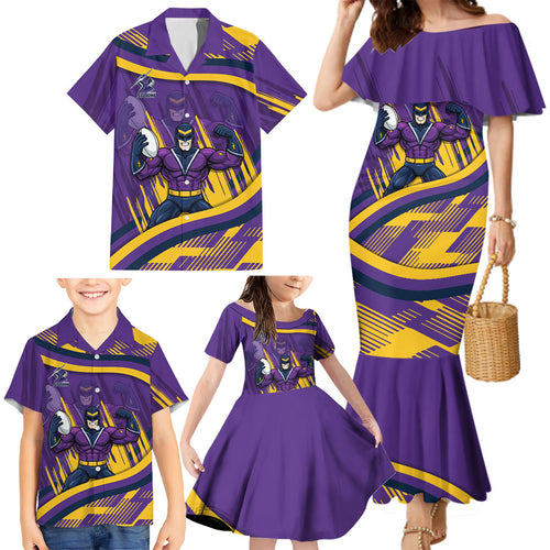 Melbourne Storm Rugby Mascot Family Matching Mermaid Dress and Hawaiian Shirt Fierce Athlete Graphic in Sports Style