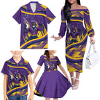Melbourne Storm Rugby Mascot Family Matching Off The Shoulder Long Sleeve Dress and Hawaiian Shirt Fierce Athlete Graphic in Sports Style