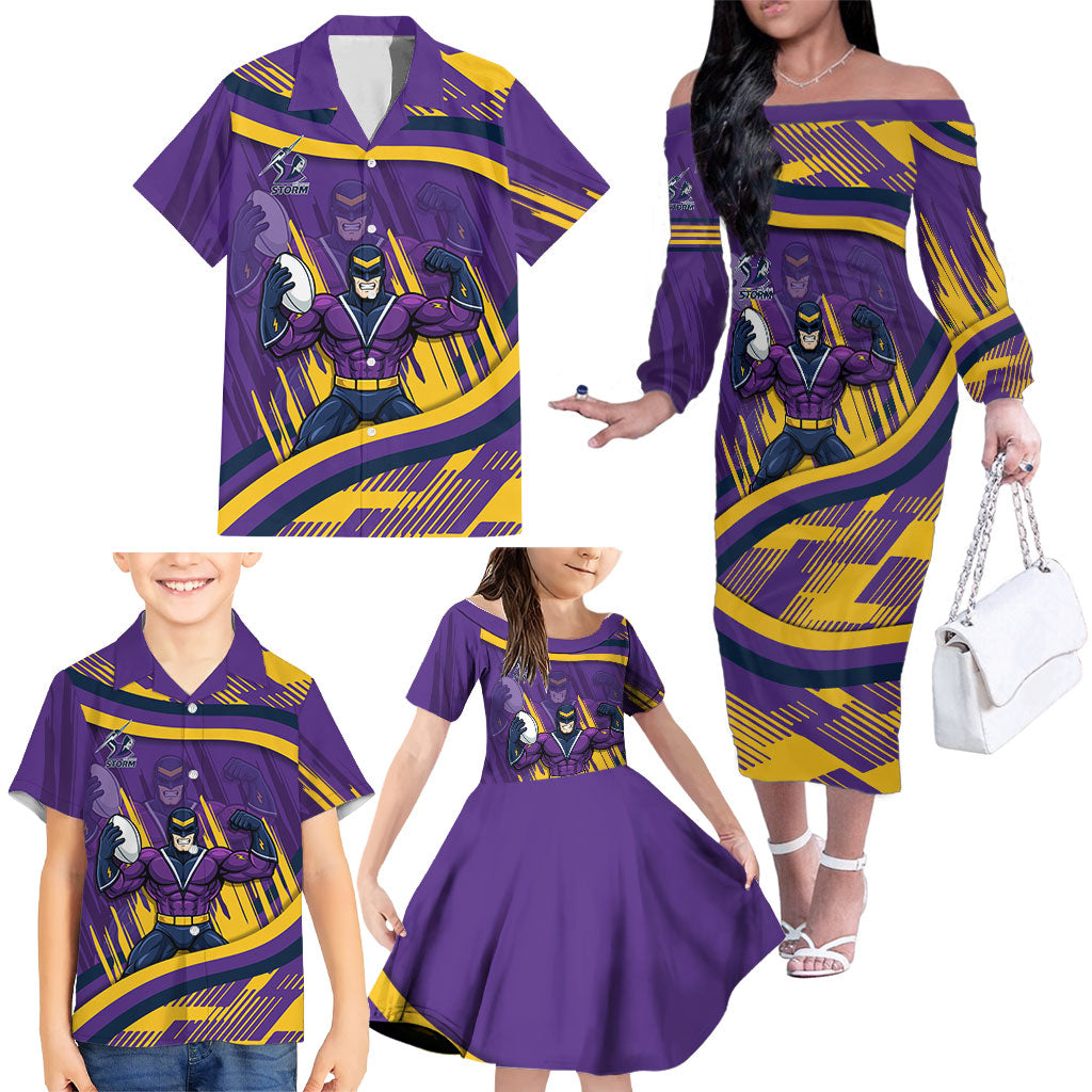 Melbourne Storm Rugby Mascot Family Matching Off The Shoulder Long Sleeve Dress and Hawaiian Shirt Fierce Athlete Graphic in Sports Style