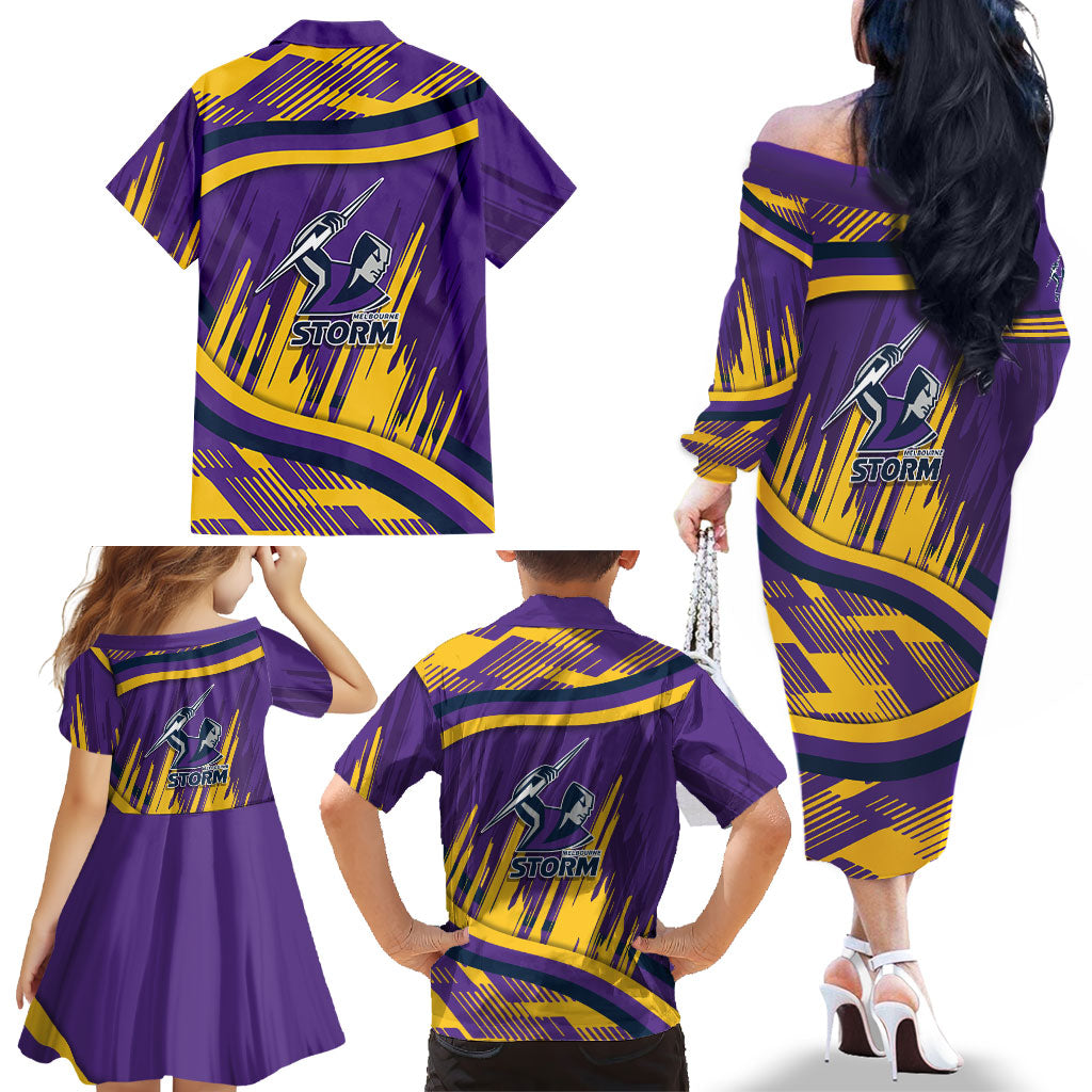 Melbourne Storm Rugby Mascot Family Matching Off The Shoulder Long Sleeve Dress and Hawaiian Shirt Fierce Athlete Graphic in Sports Style