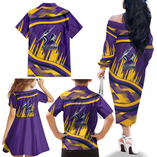 Melbourne Storm Rugby Mascot Family Matching Off The Shoulder Long Sleeve Dress and Hawaiian Shirt Fierce Athlete Graphic in Sports Style