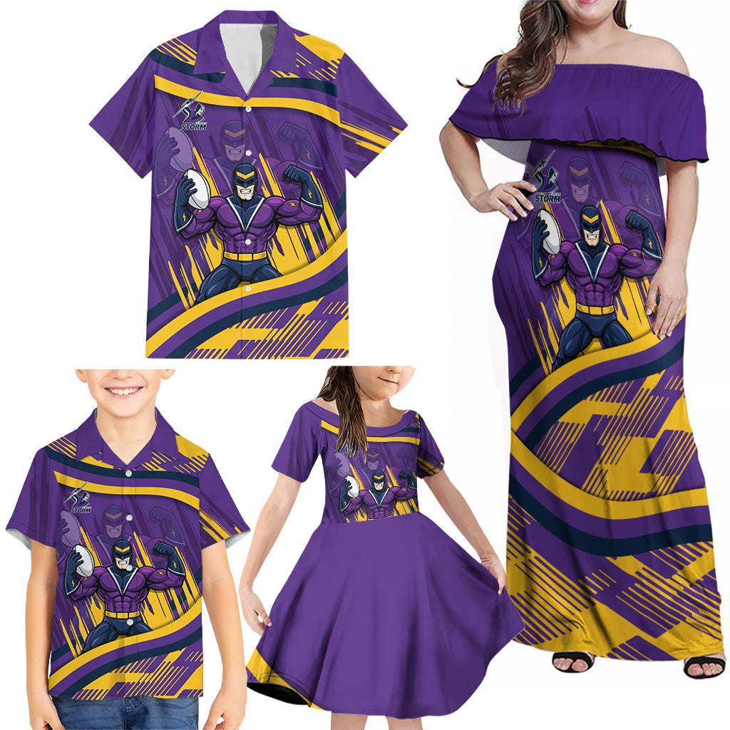 Melbourne Storm Rugby Mascot Family Matching Off Shoulder Maxi Dress and Hawaiian Shirt Fierce Athlete Graphic in Sports Style