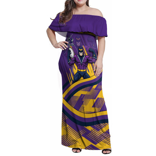 Melbourne Storm Rugby Mascot Family Matching Off Shoulder Maxi Dress and Hawaiian Shirt Fierce Athlete Graphic in Sports Style