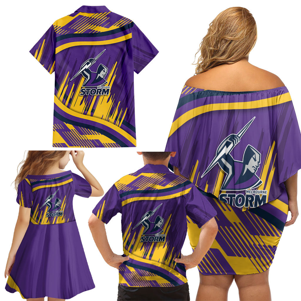 Melbourne Storm Rugby Mascot Family Matching Off Shoulder Short Dress and Hawaiian Shirt Fierce Athlete Graphic in Sports Style