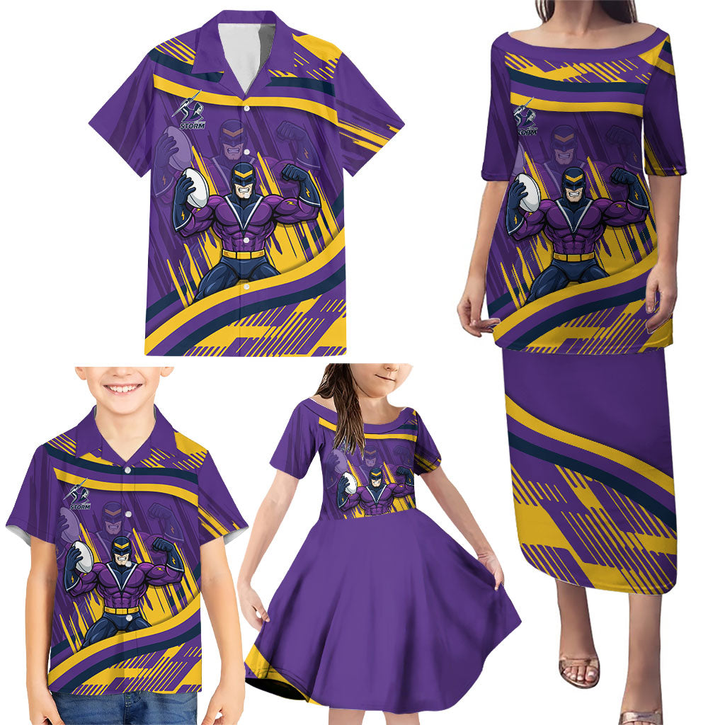 Melbourne Storm Rugby Mascot Family Matching Puletasi and Hawaiian Shirt Fierce Athlete Graphic in Sports Style