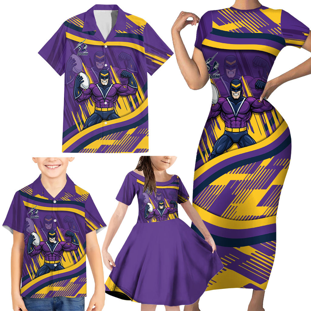 Melbourne Storm Rugby Mascot Family Matching Short Sleeve Bodycon Dress and Hawaiian Shirt Fierce Athlete Graphic in Sports Style