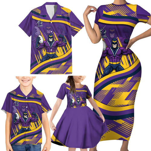 Melbourne Storm Rugby Mascot Family Matching Short Sleeve Bodycon Dress and Hawaiian Shirt Fierce Athlete Graphic in Sports Style