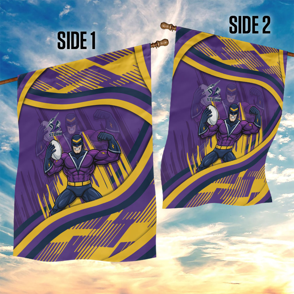 Melbourne Storm Rugby Mascot Garden Flag Fierce Athlete Graphic in Sports Style
