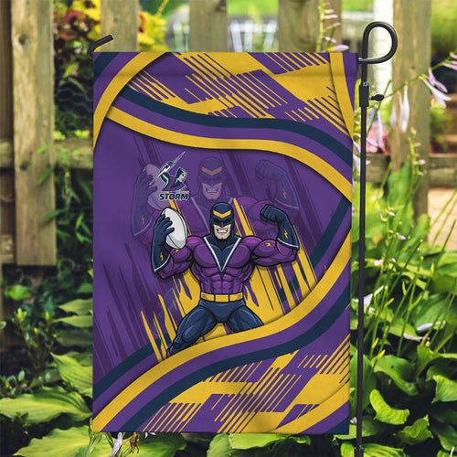 Melbourne Storm Rugby Mascot Garden Flag Fierce Athlete Graphic in Sports Style