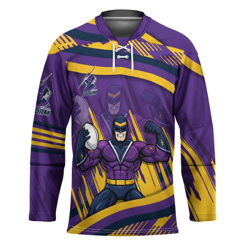 Melbourne Storm Rugby Mascot Hockey Jersey Fierce Athlete Graphic in Sports Style