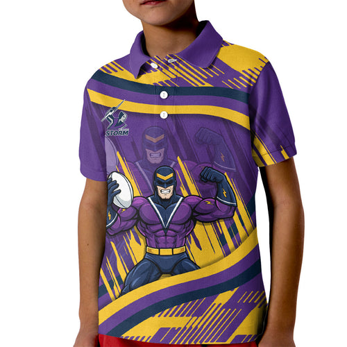 Melbourne Storm Rugby Mascot Kid Polo Shirt Fierce Athlete Graphic in Sports Style