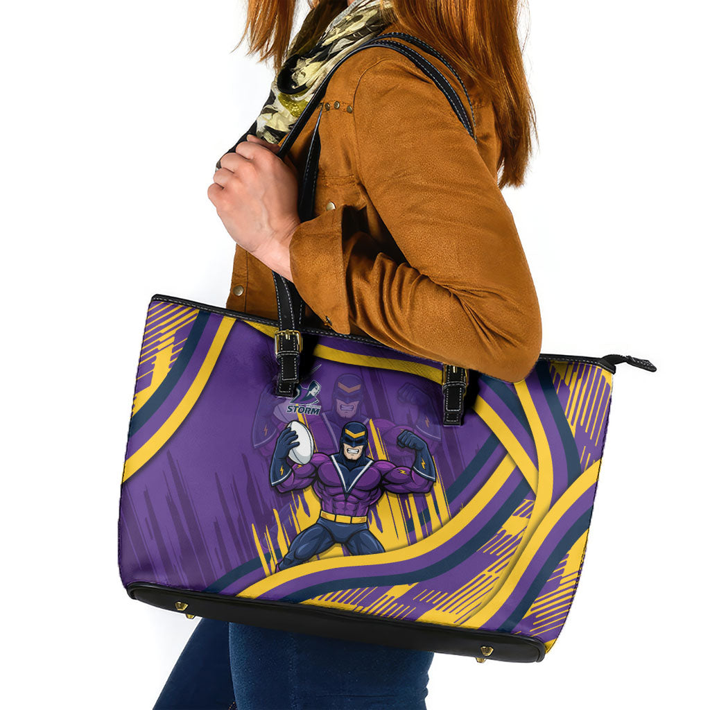 Melbourne Storm Rugby Mascot Leather Tote Bag Fierce Athlete Graphic in Sports Style