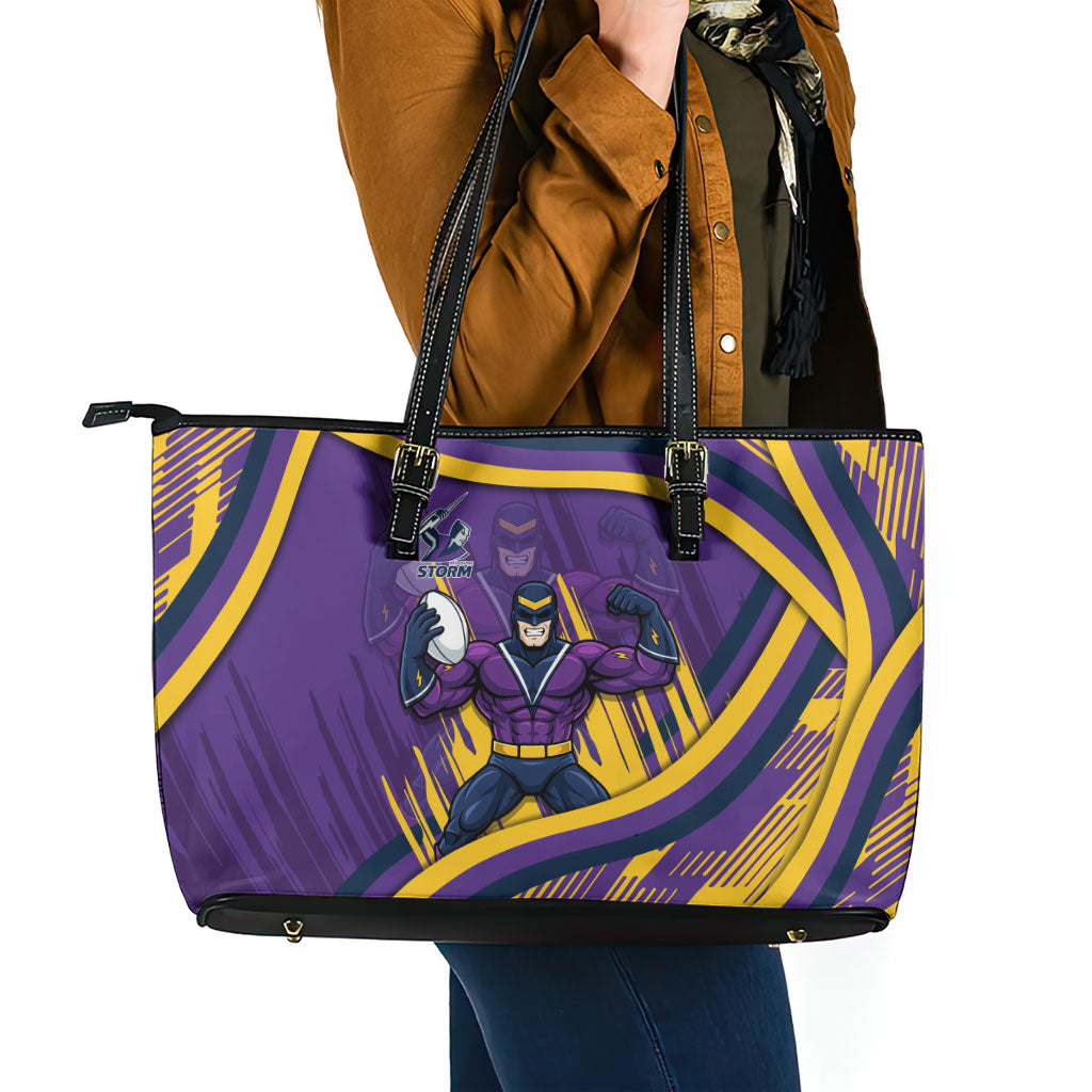 Melbourne Storm Rugby Mascot Leather Tote Bag Fierce Athlete Graphic in Sports Style