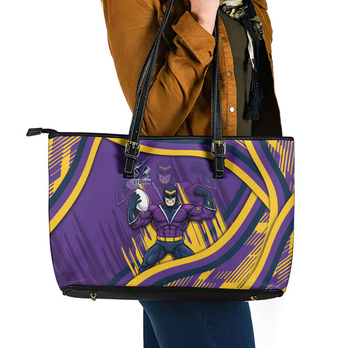 Melbourne Storm Rugby Mascot Leather Tote Bag Fierce Athlete Graphic in Sports Style