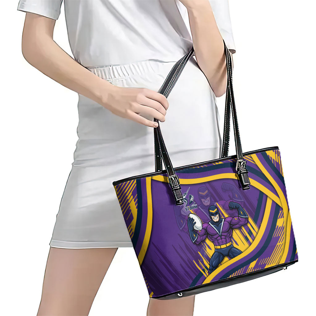 Melbourne Storm Rugby Mascot Leather Tote Bag Fierce Athlete Graphic in Sports Style