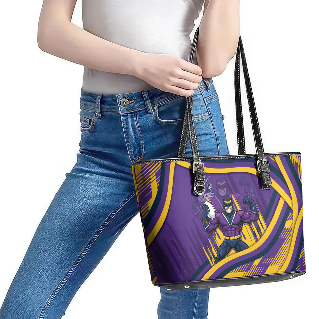 Melbourne Storm Rugby Mascot Leather Tote Bag Fierce Athlete Graphic in Sports Style
