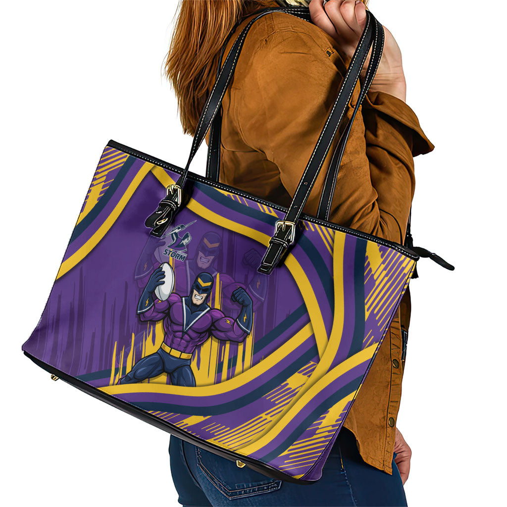 Melbourne Storm Rugby Mascot Leather Tote Bag Fierce Athlete Graphic in Sports Style