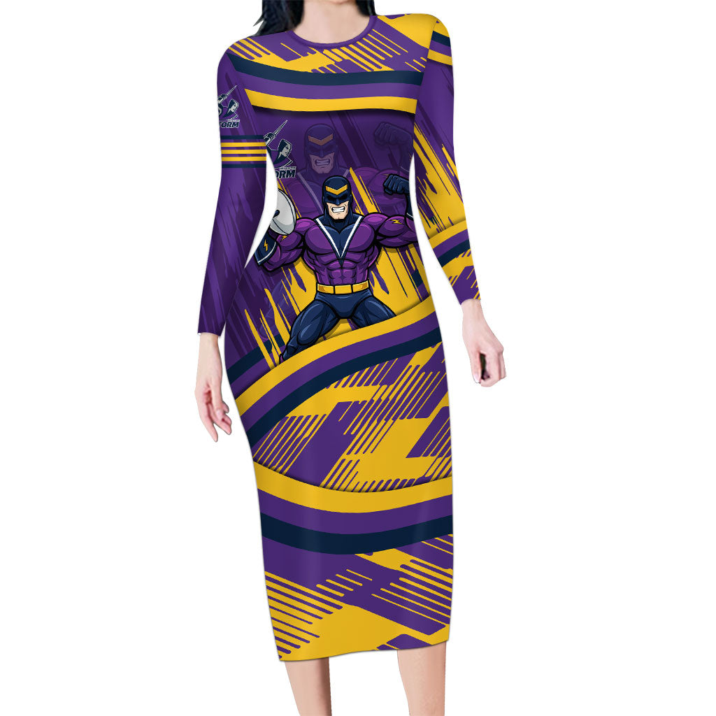 Melbourne Storm Rugby Mascot Long Sleeve Bodycon Dress Fierce Athlete Graphic in Sports Style
