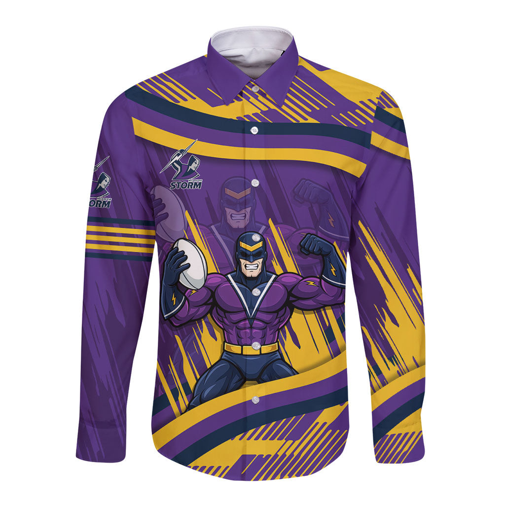 Melbourne Storm Rugby Mascot Long Sleeve Button Shirt Fierce Athlete Graphic in Sports Style