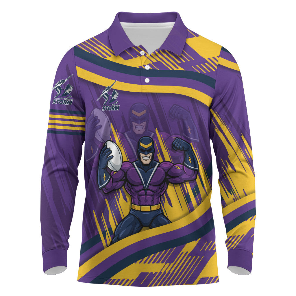 Melbourne Storm Rugby Mascot Long Sleeve Polo Shirt Fierce Athlete Graphic in Sports Style