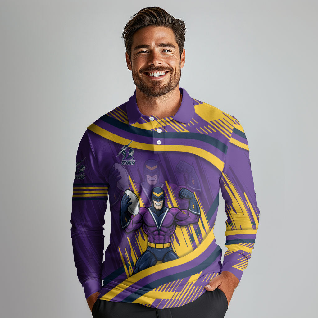 Melbourne Storm Rugby Mascot Long Sleeve Polo Shirt Fierce Athlete Graphic in Sports Style