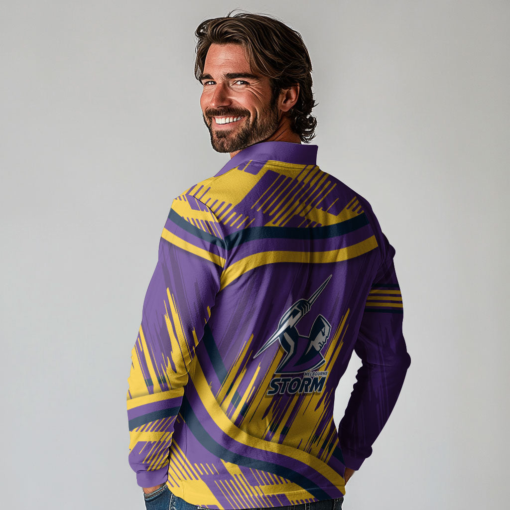 Melbourne Storm Rugby Mascot Long Sleeve Polo Shirt Fierce Athlete Graphic in Sports Style