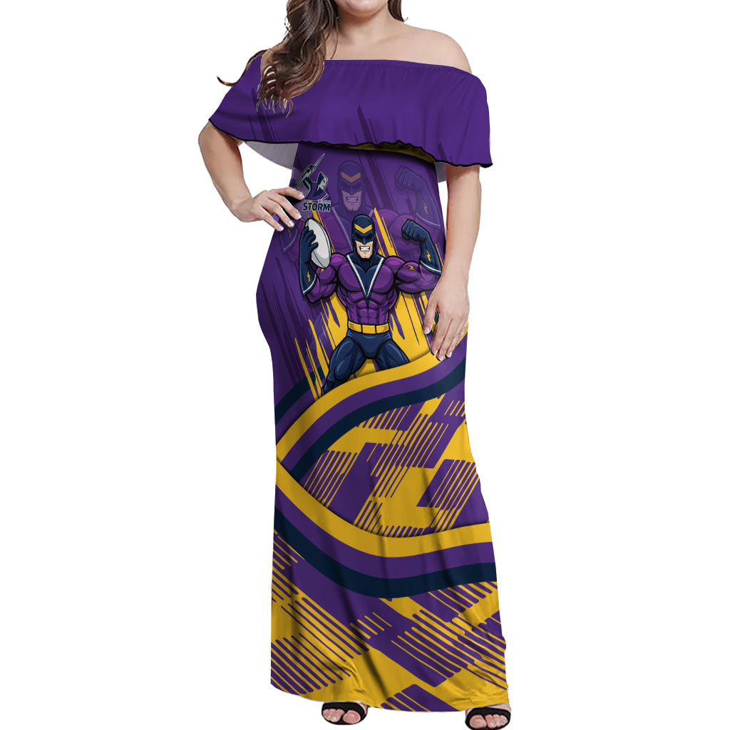 Melbourne Storm Rugby Mascot Off Shoulder Maxi Dress Fierce Athlete Graphic in Sports Style