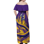 Melbourne Storm Rugby Mascot Off Shoulder Maxi Dress Fierce Athlete Graphic in Sports Style