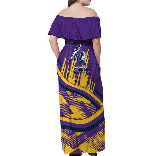 Melbourne Storm Rugby Mascot Off Shoulder Maxi Dress Fierce Athlete Graphic in Sports Style
