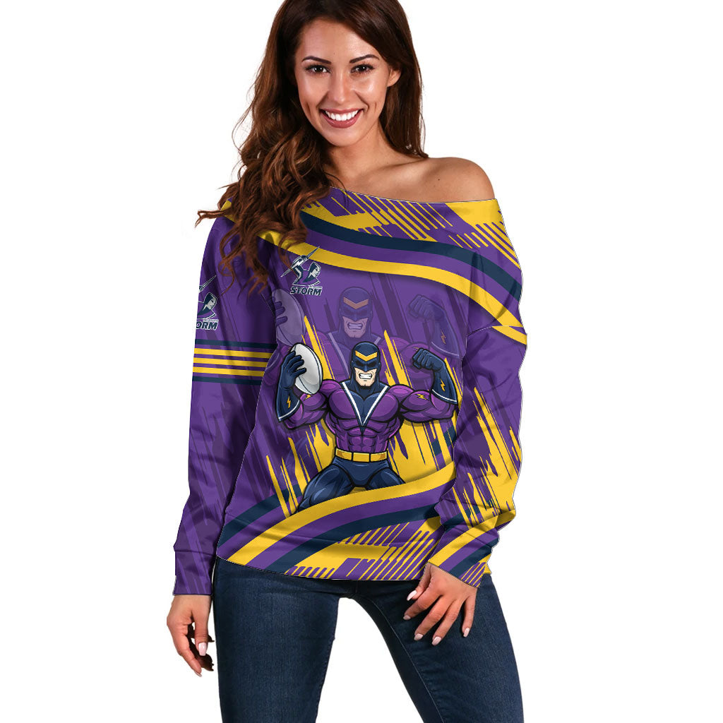Melbourne Storm Rugby Mascot Off Shoulder Sweater Fierce Athlete Graphic in Sports Style