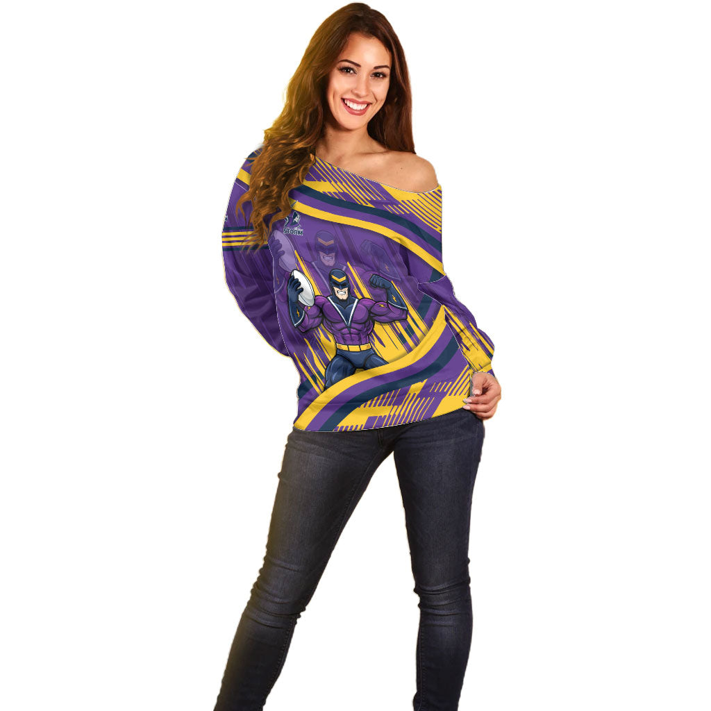 Melbourne Storm Rugby Mascot Off Shoulder Sweater Fierce Athlete Graphic in Sports Style