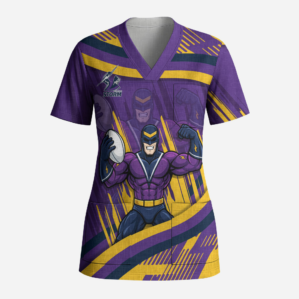 Melbourne Storm Rugby Mascot Scrub Top Fierce Athlete Graphic in Sports Style