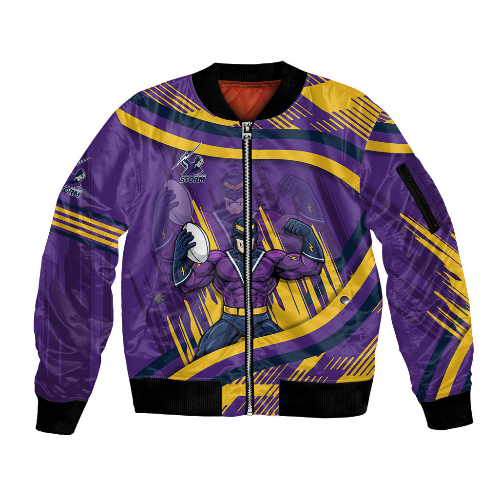 Melbourne Storm Rugby Mascot Sleeve Zip Bomber Jacket Fierce Athlete Graphic in Sports Style