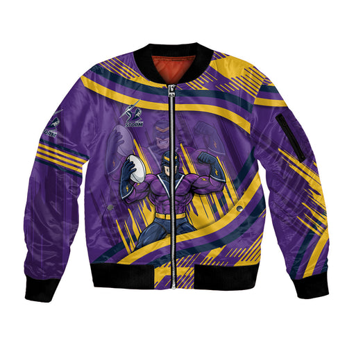 Melbourne Storm Rugby Mascot Sleeve Zip Bomber Jacket Fierce Athlete Graphic in Sports Style