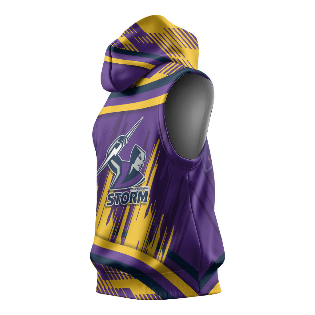 Melbourne Storm Rugby Mascot Sleeveless Hoodie Fierce Athlete Graphic in Sports Style