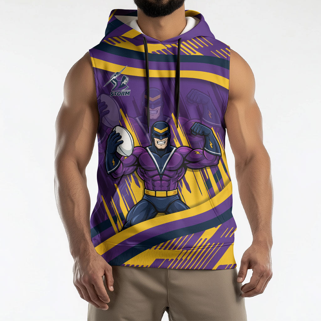 Melbourne Storm Rugby Mascot Sleeveless Hoodie Fierce Athlete Graphic in Sports Style