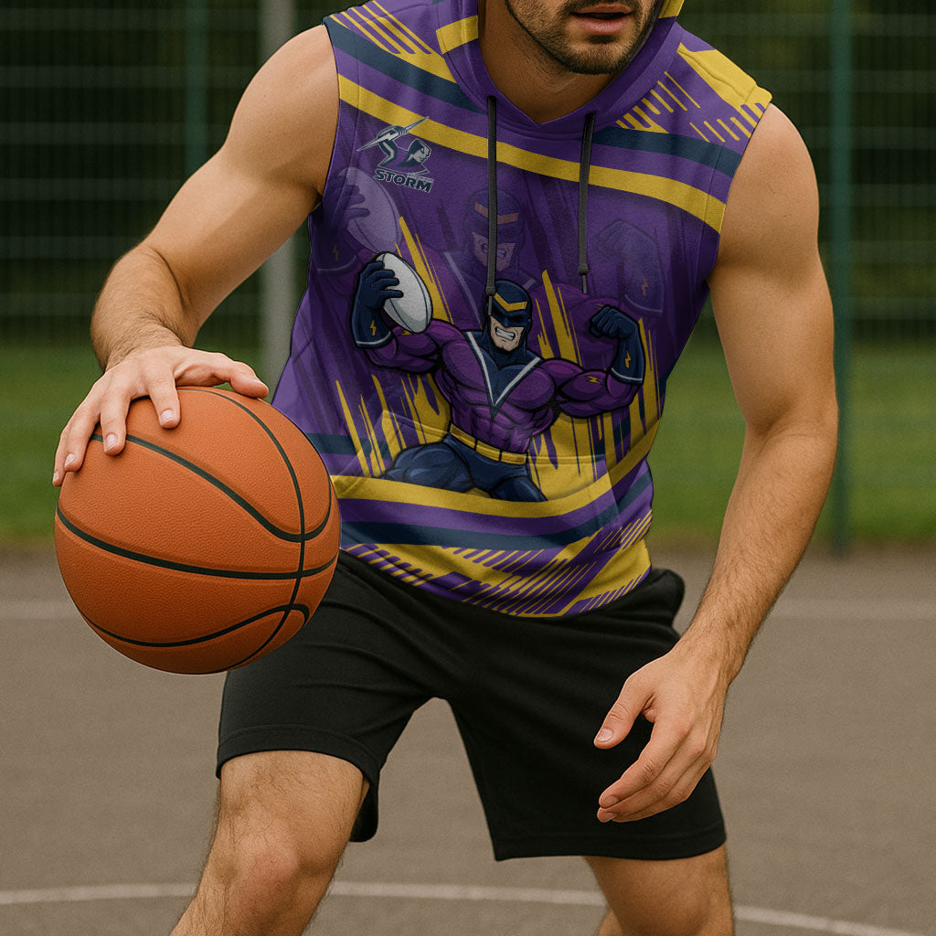Melbourne Storm Rugby Mascot Sleeveless Hoodie Fierce Athlete Graphic in Sports Style